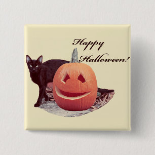 Bóton Quadrado 5.08cm Cat & Pumpkin Feliz Dia das Bruxas