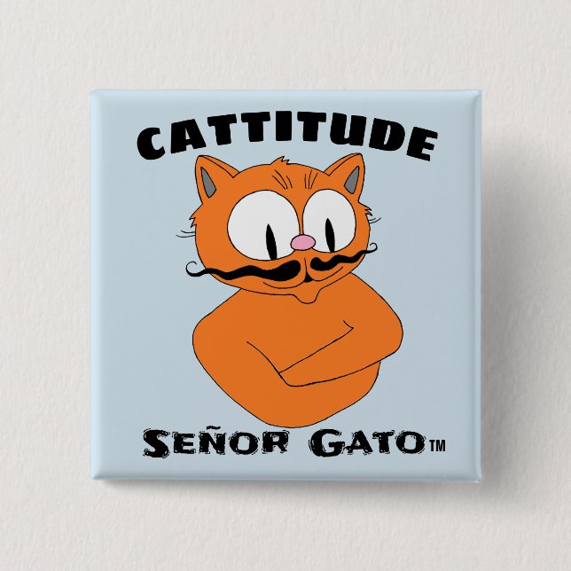 Bóton Quadrado 5.08cm "CATTITUDE" Señor Gato cartoon bigode (Frente)