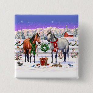 Bóton Quadrado 5.08cm Cavalos de Natal na neve