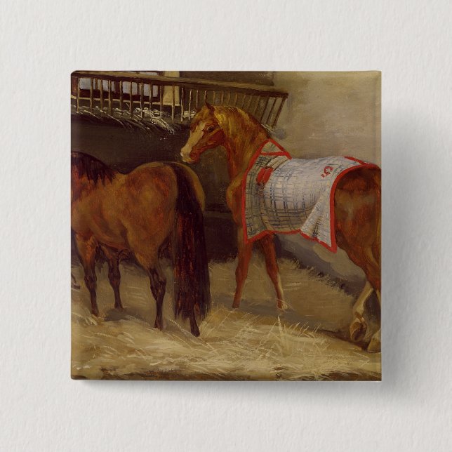 Bóton Quadrado 5.08cm Cavalos nos estábulos (Frente)