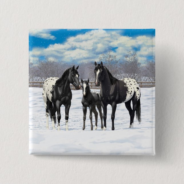 Bóton Quadrado 5.08cm Cavalos Pretos De Appaloosa Na Neve (Frente)