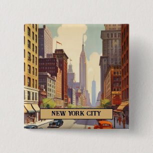 Bóton Quadrado 5.08cm Cena de Rua Vintage da Cidade de Nova York com Tex