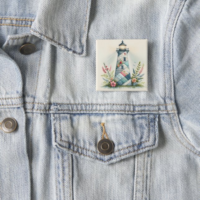 Bóton Quadrado 5.08cm Cena Floral de Farol Costeiro em Patchwork (In Situ)