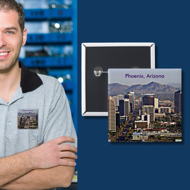 Bóton Quadrado 5.08cm Centro View of Phoenix, Arizona (Downtown View of Phoenix, Arizona Button)