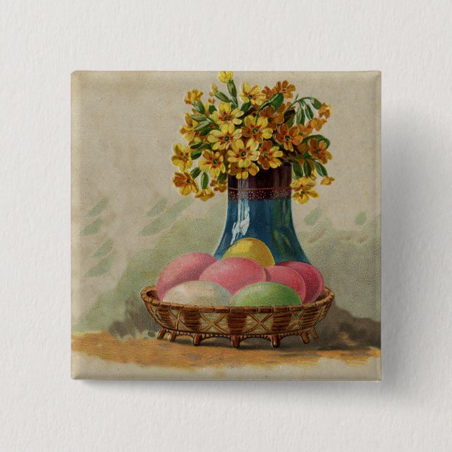 Bóton Quadrado 5.08cm Cesta de Páscoa Ovos Flores Antigo (Frente)