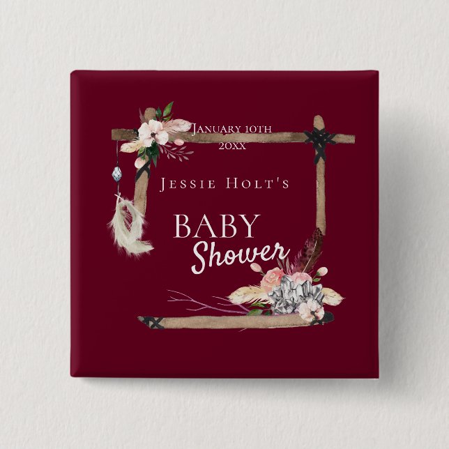 Bóton Quadrado 5.08cm Chá de fraldas Burgundy Boho Sudoeste (Frente)