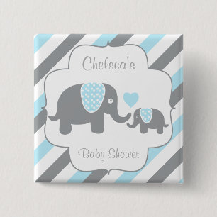 Bóton Quadrado 5.08cm Chá de fraldas de Elefantes de Stripe de Cinza, Az