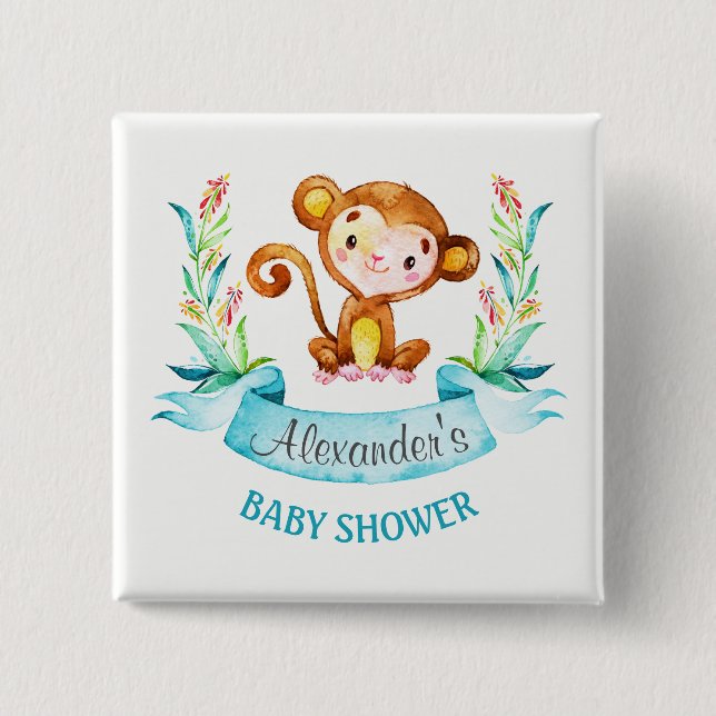 Bóton Quadrado 5.08cm Chá de fraldas de Macaco de Aquarela (Frente)