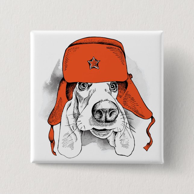 Bóton Quadrado 5.08cm Chapéu vermelho de Basset Hound | Ushanka (Frente)