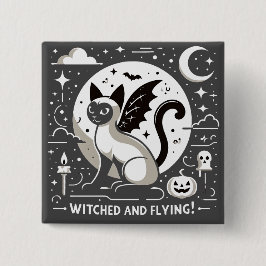 Bóton Quadrado 5.08cm Charme de Halloween: Gato siamês no voo Whimsical