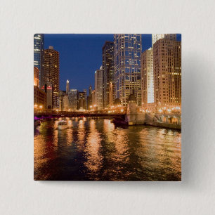 Bóton Quadrado 5.08cm Chicago, Illinois, Skyline e Chicago River às 2