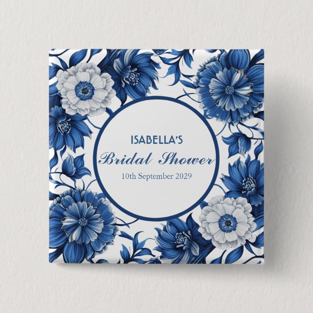 Bóton Quadrado 5.08cm Chinoiserie azul e branca (Frente)