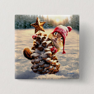 Bóton Quadrado 5.08cm Chipmunk Com Pine Cone Tree