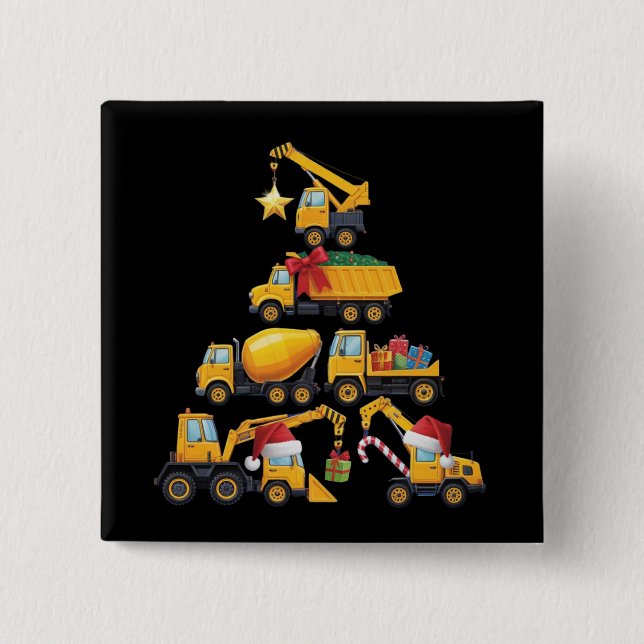 Bóton Quadrado 5.08cm Christmas Excavator Construction Truck Tree (Frente)