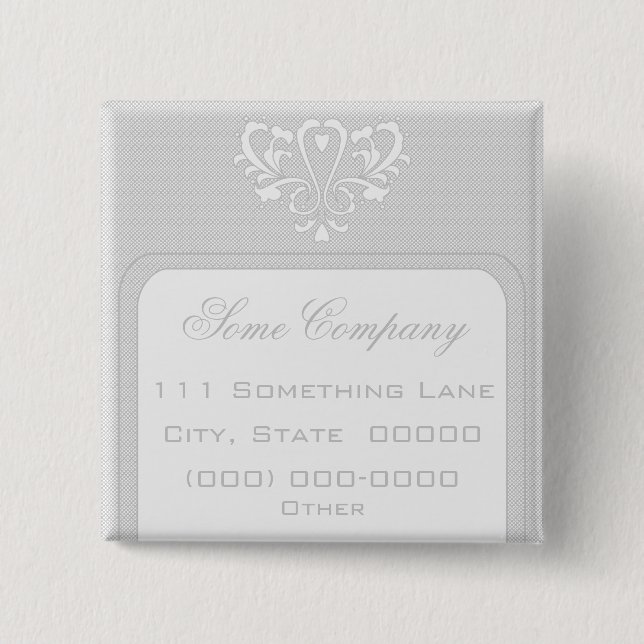 Bóton Quadrado 5.08cm Cinza E Damasco De Coração Branco (Frente)
