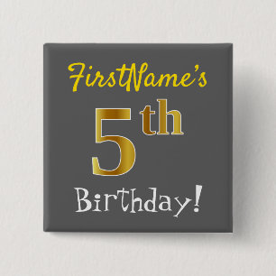 Bóton Quadrado 5.08cm Cinza, Faux Dourado Birthday, Com Nome Personaliza