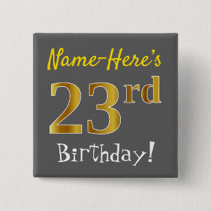 Bóton Quadrado 5.08cm Cinzas, Faux Dourado 23º Aniversário, Com Nome P