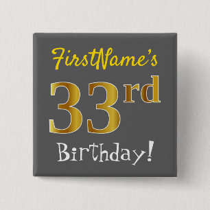 Bóton Quadrado 5.08cm Cinzas, Faux Dourado 33º Aniversário, Com Nome P