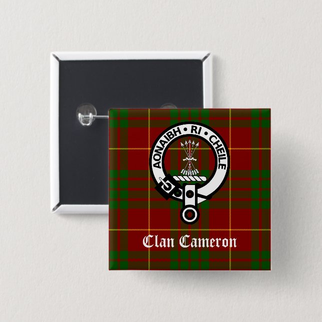 Bóton Quadrado 5.08cm Clan Cameron Crest e Tartan (Frente & Verso)