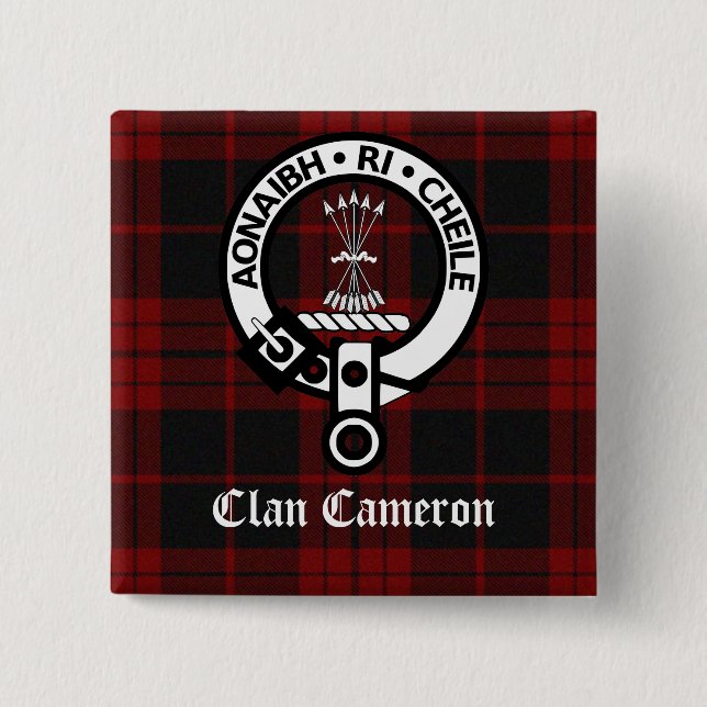 Bóton Quadrado 5.08cm Clan Cameron Crest & Tartan (Frente)