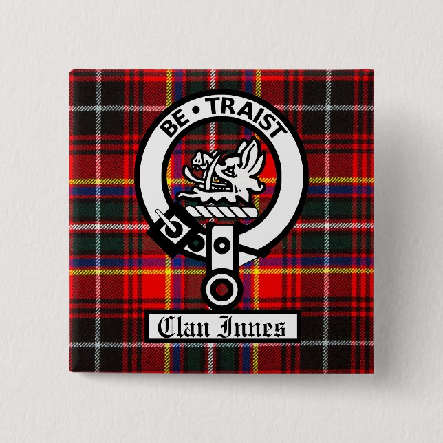Bóton Quadrado 5.08cm Clan Innes Crest Crachá e Tartan (Frente)