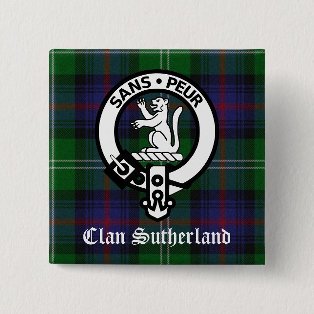 Bóton Quadrado 5.08cm Clan Sutherland Crest & Tartan (Frente)