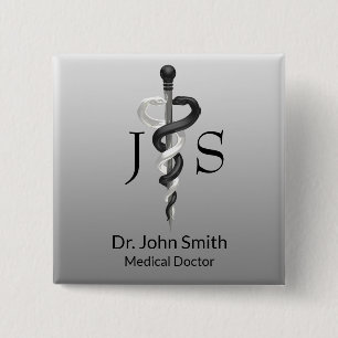 Bóton Quadrado 5.08cm Clássica Médica Nobre Elegante Negro Asclepius