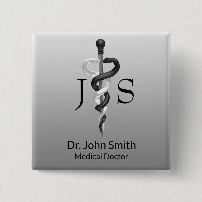 Bóton Quadrado 5.08cm Clássica Médica Nobre Elegante Negro Asclepius (Frente)
