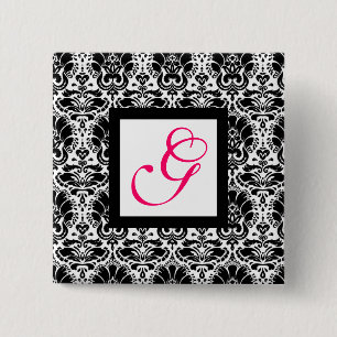 Bóton Quadrado 5.08cm CLASSY DAMASK MONOGRAM,fúcsia rosa