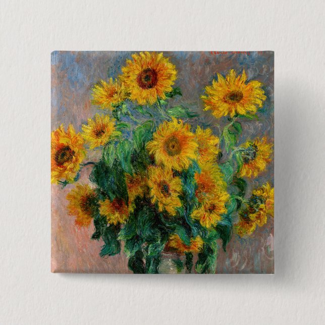 Bóton Quadrado 5.08cm Claude Monet - Buquê de Sunflower (Frente)
