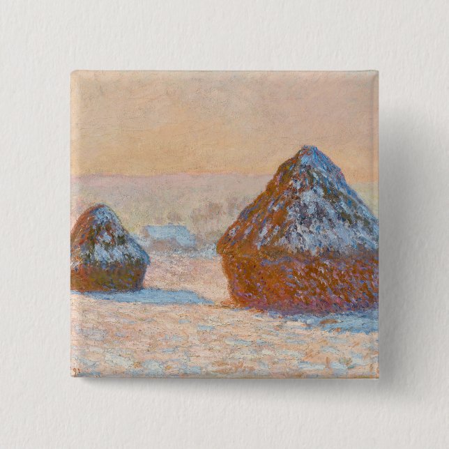 Bóton Quadrado 5.08cm Claude Monet - Wheatstacks, Efeito da Neve, Manhã (Frente)
