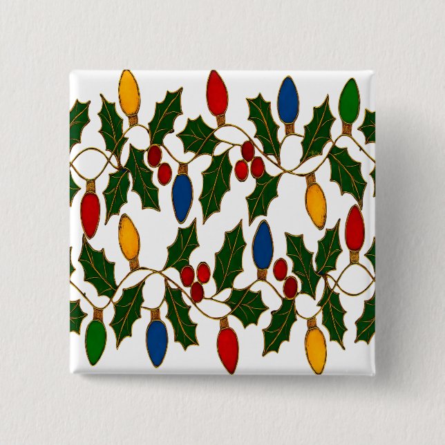 Bóton Quadrado 5.08cm Cloisonne Art Christmas Lights and Holly (Frente)