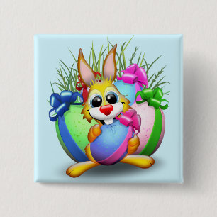 Bóton Quadrado 5.08cm Coelho engraçado mordendo um ovo de Páscoa