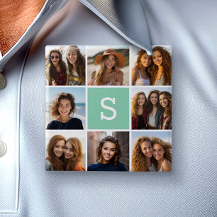 Bóton Quadrado 5.08cm Colagem de Fotos Monograma Personalizado Verde Men