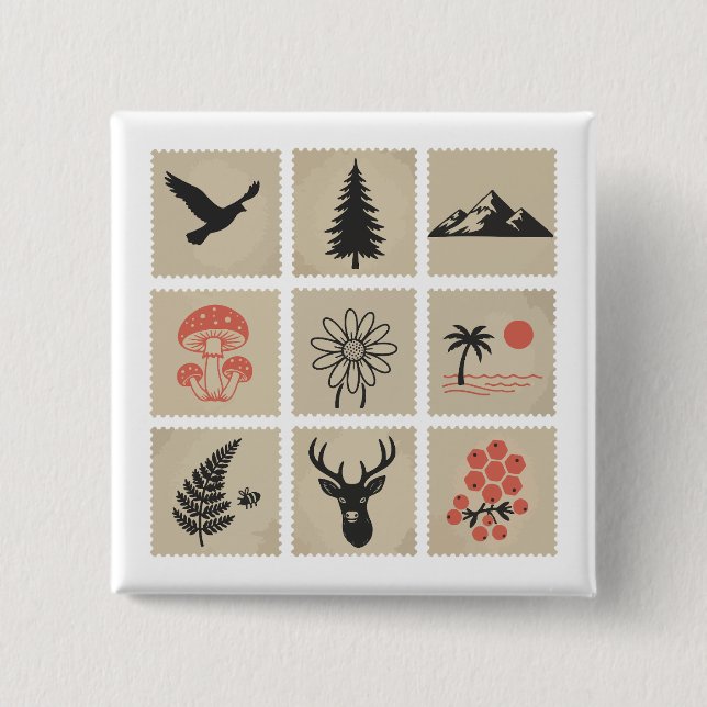 Bóton Quadrado 5.08cm Colagem de selos naturais (Frente)