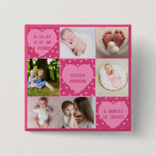 Bóton Quadrado 5.08cm Colagem Personalizada de 6 Fotos de Bebê Recém-Nas