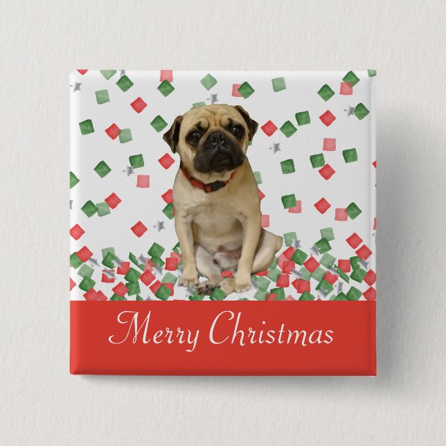 Bóton Quadrado 5.08cm Confetes pintados do Natal do Pug à disposição (Frente)