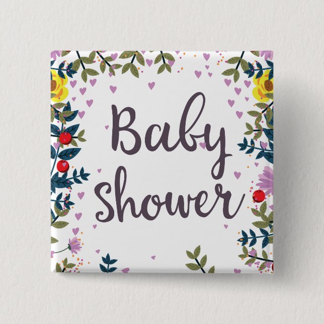 Bóton Quadrado 5.08cm Convite Floral para Chá de Bebê (Frente)