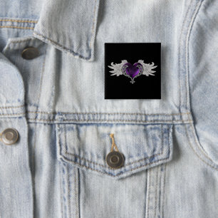 Bóton Quadrado 5.08cm Coração Roxo gótico com Botão Anjo Asas