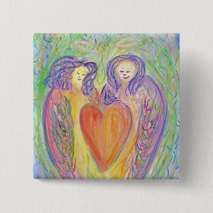 Bóton Quadrado 5.08cm Corações de Amor do Anjo Guardião Pino do Lapel ou