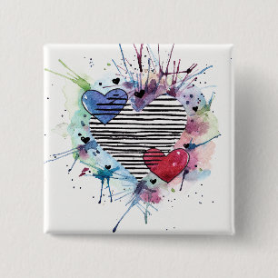 Bóton Quadrado 5.08cm Corações E Lavações Em Aquarela