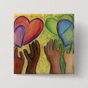 Bóton Quadrado 5.08cm Corações e Mãos Diversidade Ama Pino ou Botões de 