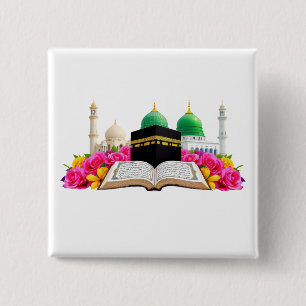 Bóton Quadrado 5.08cm Corão de Arte Islâmica com Mesquita e Rosas