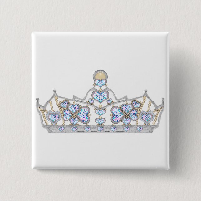 Bóton Quadrado 5.08cm coroa prateada de diamantes cardíacos moda brilhan (Frente)