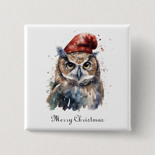 Bóton Quadrado 5.08cm Coruja de Natal em Aquarela Personalizada com Chap