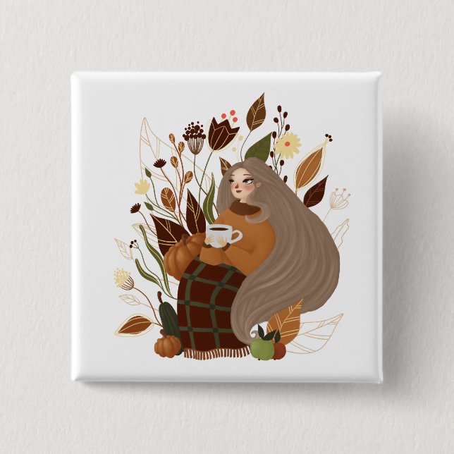 Bóton Quadrado 5.08cm Cozy Autumn Girl (Frente)