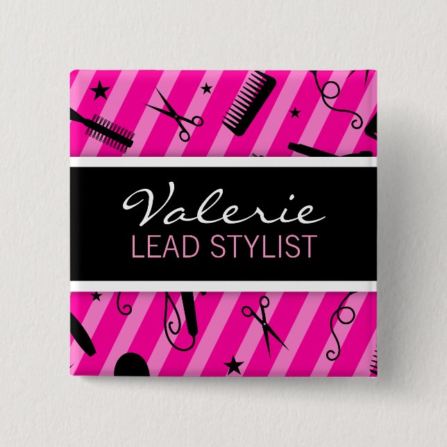 Bóton Quadrado 5.08cm Crachá conhecido do cabeleireiro do rosa quente (Frente)
