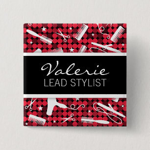 Bóton Quadrado 5.08cm Crachá de Nome de Salão de Cabelo Vermelho Hot G