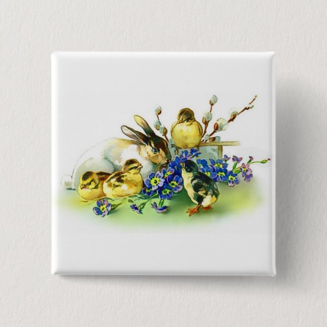 Bóton Quadrado 5.08cm Crachá de Pintinhos de coelho e Primavera (Frente)