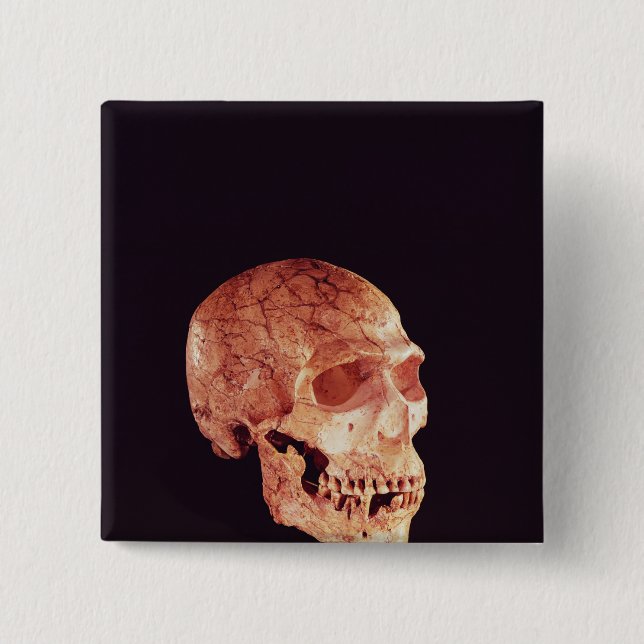 Bóton Quadrado 5.08cm Crânio do Neanderthal, descoberto em Mt Carmel (Frente)